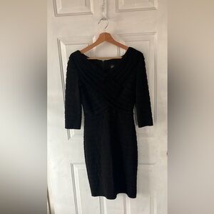 Adrianna Papell Black Ribbed Sheath Dress V-Neck 3/4 Sleeve
